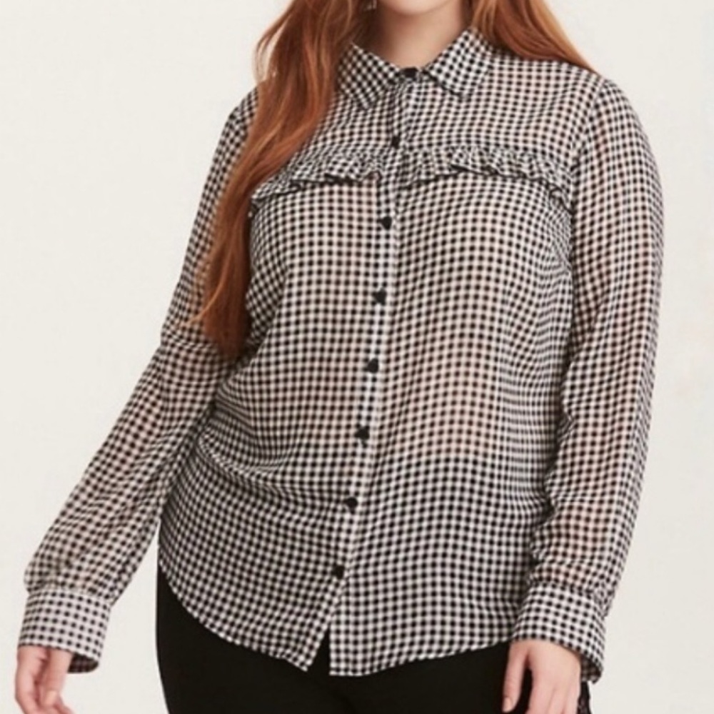 Torrid Gingham Check Ruffle Trim Button Down Top - image 1